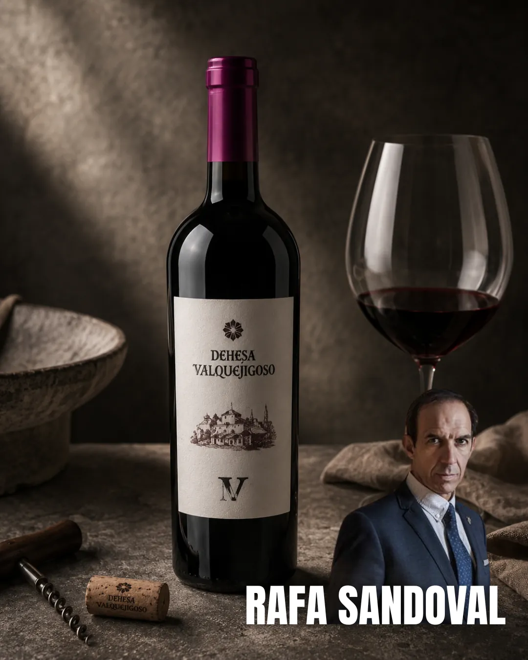 Botella de Dehesa Valquejigoso V junto a una copa de vino tinto y el retrato del sumiller Rafa Sandoval